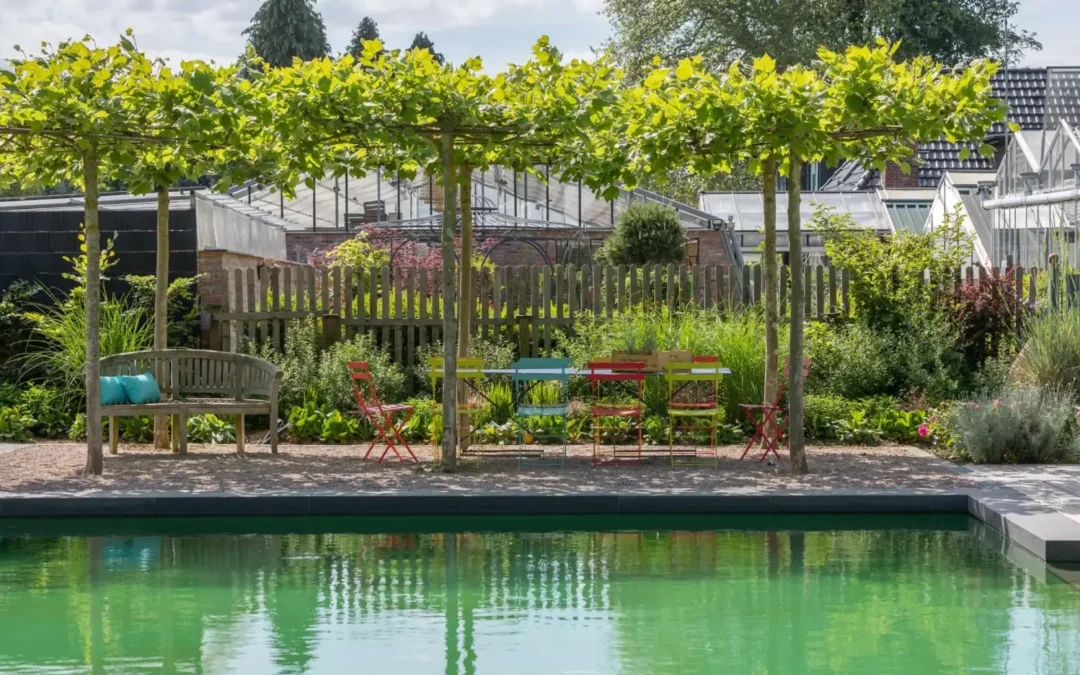 Vor einem grünen Naturpool stehen unter einer Pergola bunte Sitzmöbel und eine Bank, eingerahmt von üppigem Garten und Gewächshäusern.