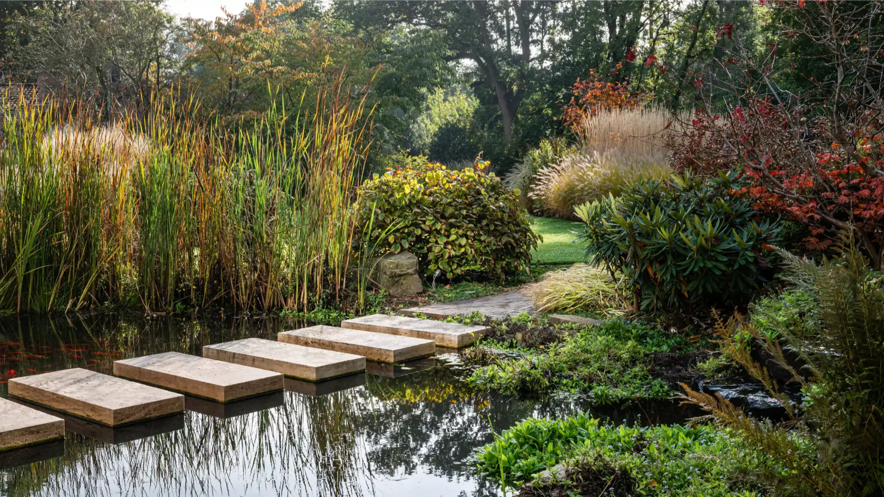 Ein geschwungener Weg aus Trittsteinen führt über einen Gartenteich, umgeben von hohem Schilf, Gräsern und herbstlich gefärbten Sträuchern.